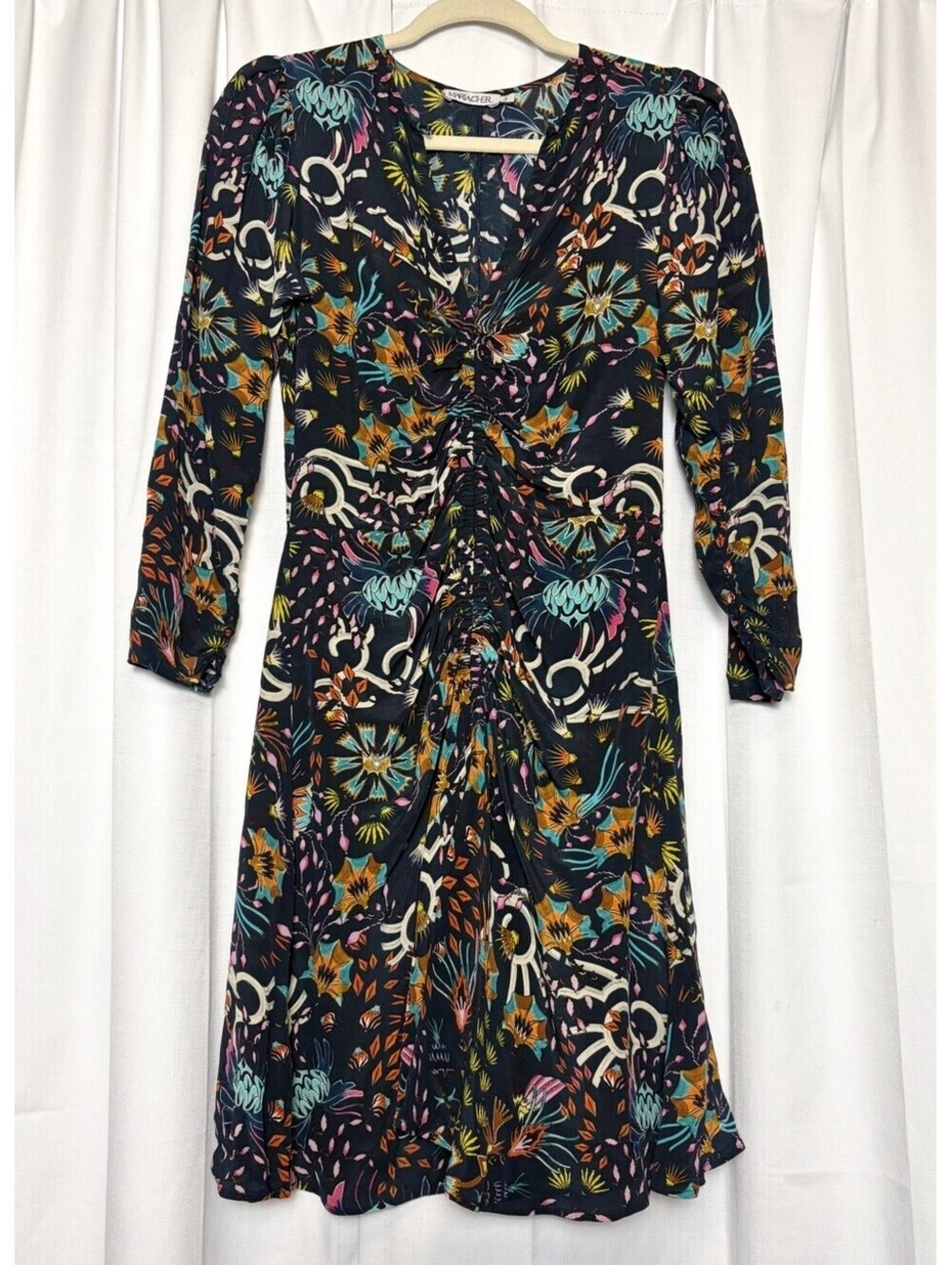Maria Cher Humahuaca Floral Print Silk Long Sleeve Mini Dress. Size Small. $525